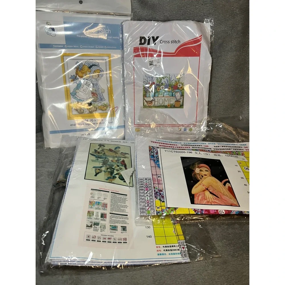 Lot 4 DIY Pre-Printed Counted Cross Stitch Kits New Crafts Decor Floral Birds